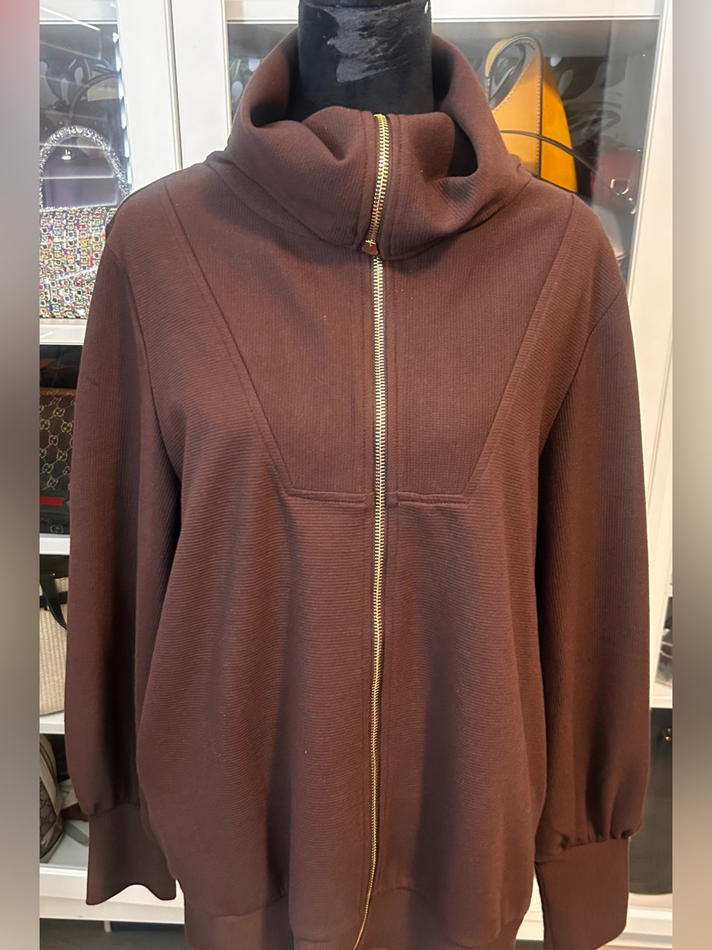 Women's Brown Zip-Front Funnel Neck with Gold Zipper